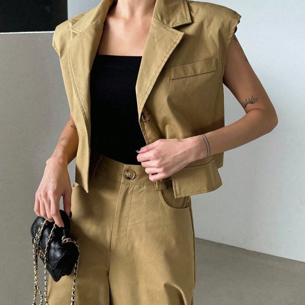 Khaki Casual Women's Turn-Down Collar Batwing Sleeve Top And Wide-Leg Pants Suit - Picture 4 of 9